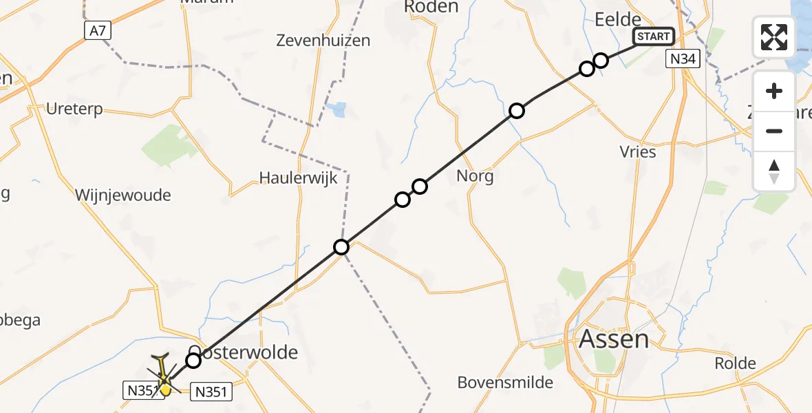 Routekaart van de vlucht: Lifeliner 4 naar Makkinga, Veldkampweg