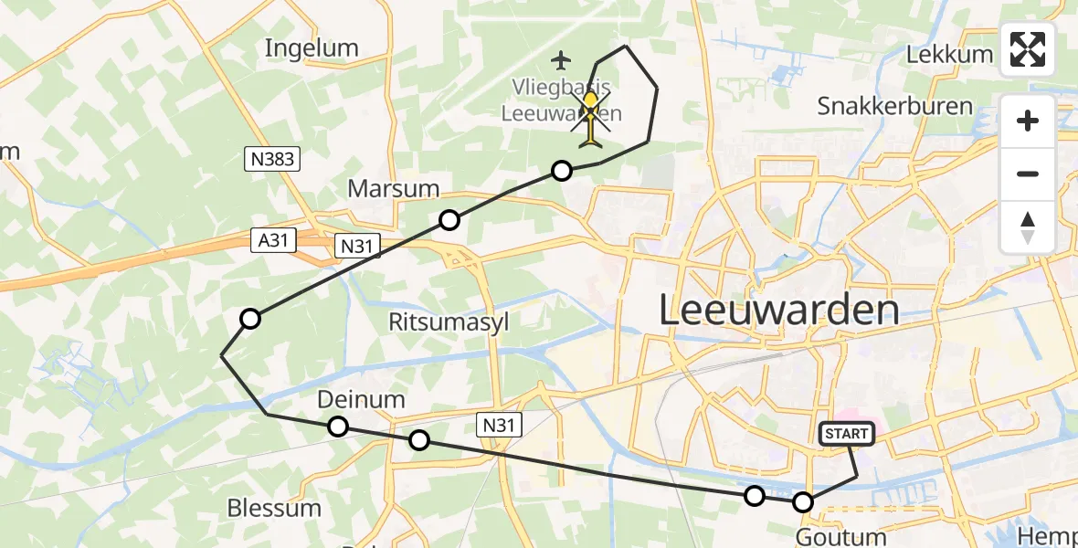 Routekaart van de vlucht: Ambulancehelikopter naar Vliegbasis Leeuwarden, Boksumerdyk