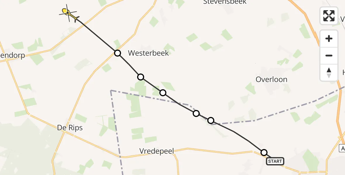 Routekaart van de vlucht: Politiehelikopter naar Oploo, Loonsedijk