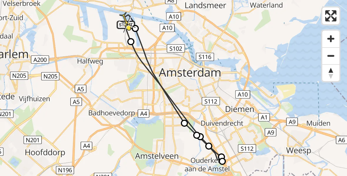 Routekaart van de vlucht: Lifeliner 1 naar Amsterdam Heliport, Corsicaweg