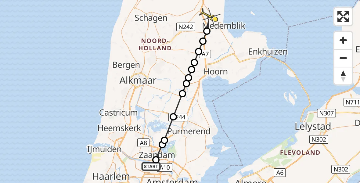 Routekaart van de vlucht: Lifeliner 1 naar Middenmeer, Hemkade