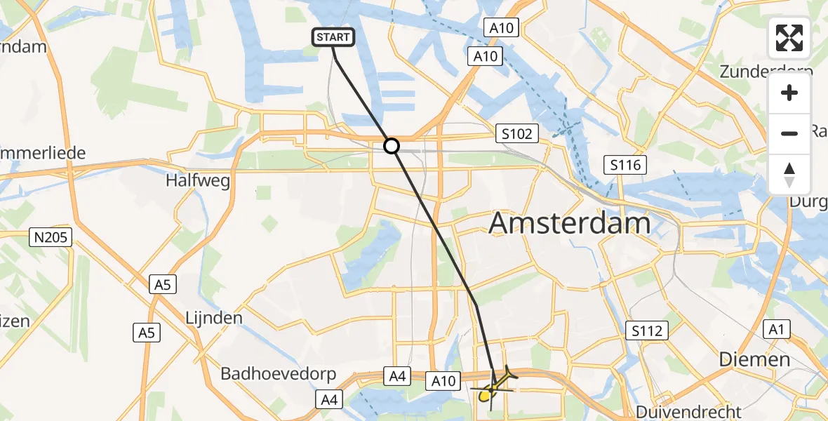 Routekaart van de vlucht: Lifeliner 1 naar VU Medisch Centrum Amsterdam, Maltaweg