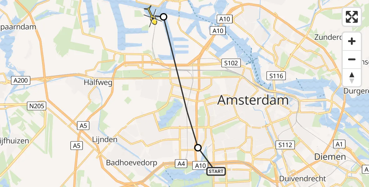 Routekaart van de vlucht: Lifeliner 1 naar Amsterdam Heliport, Vlaardingenlaan