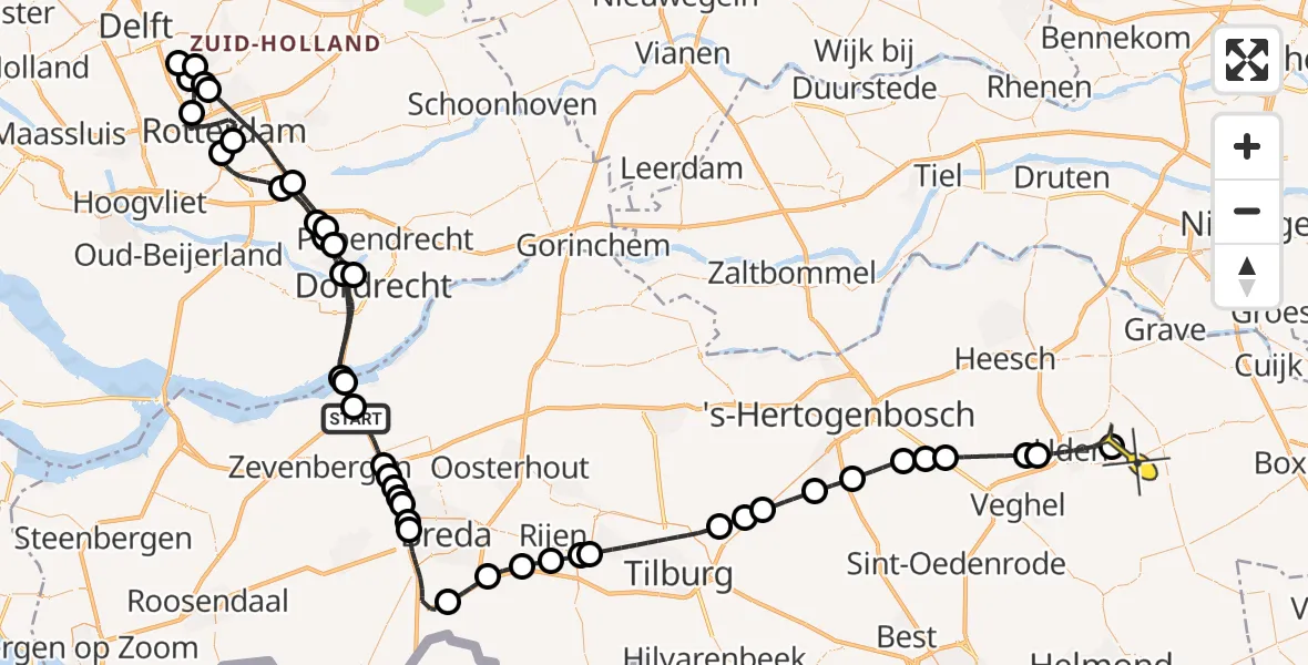 Routekaart van de vlucht: Politieheli naar Vliegbasis Volkel, Zeelandsedijk