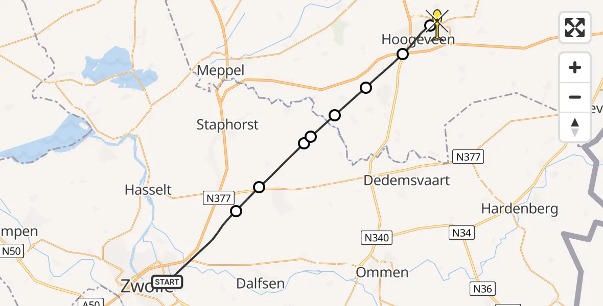 Routekaart van de vlucht: Lifeliner 4 naar Vliegveld Hoogeveen, Kuyerhuislaan