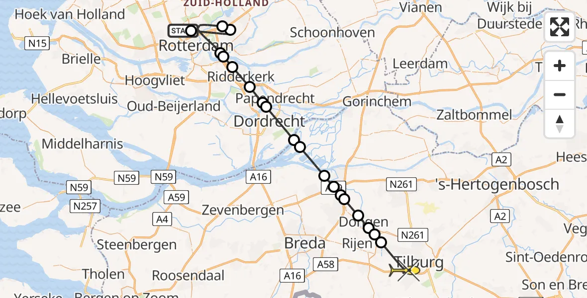 Routekaart van de vlucht: Lifeliner 2 naar Tilburg, Hilda Verwey-Jonkerstraat