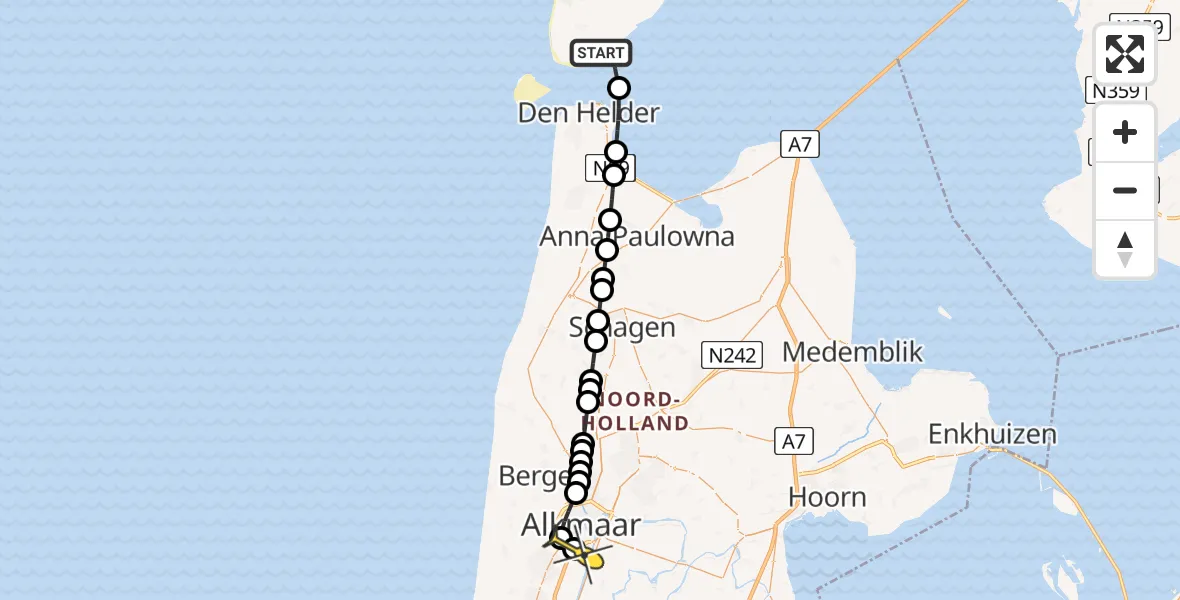 Routekaart van de vlucht: Ambulancehelikopter naar Alkmaar, Zuider Haaks