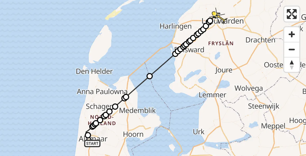 Routekaart van de vlucht: Ambulanceheli naar Vliegbasis Leeuwarden, Melis Stokelaan