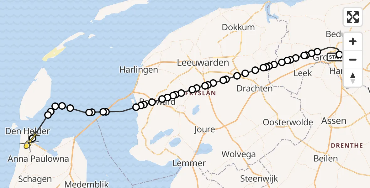 Routekaart van de vlucht: Kustwachthelikopter naar Vliegveld De Kooy, Poortweg