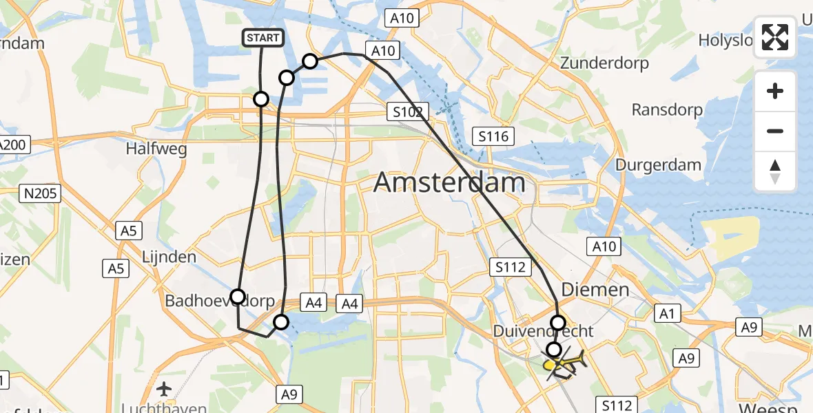 Routekaart van de vlucht: Lifeliner 1 naar Amsterdam, Nieuw-Zeelandweg