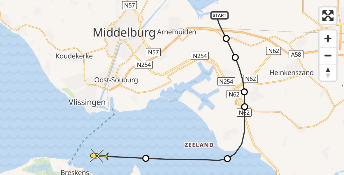 Routekaart van de vlucht: Kustwachthelikopter naar Vlissingen, Noord Kraaijertsedijk