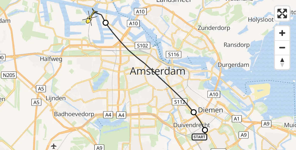 Routekaart van de vlucht: Lifeliner 1 naar Amsterdam Heliport, Diemerhof