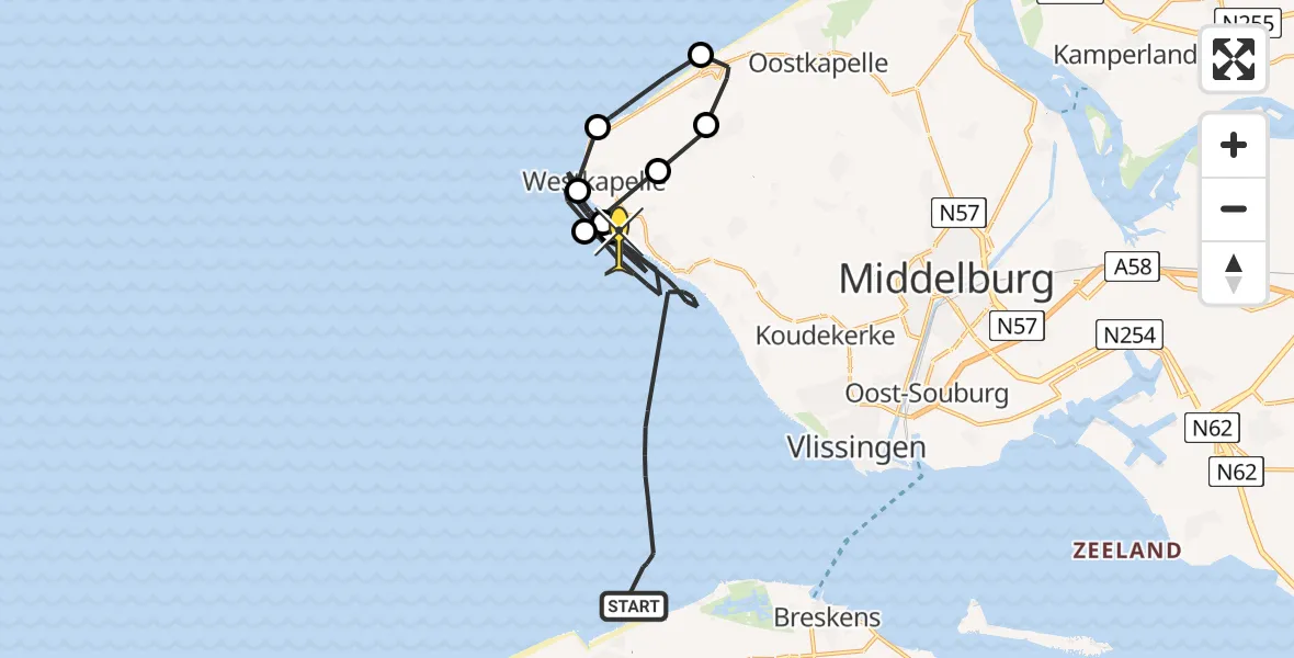 Routekaart van de vlucht: Kustwachthelikopter naar Vlissingen, Strand Biggekerke