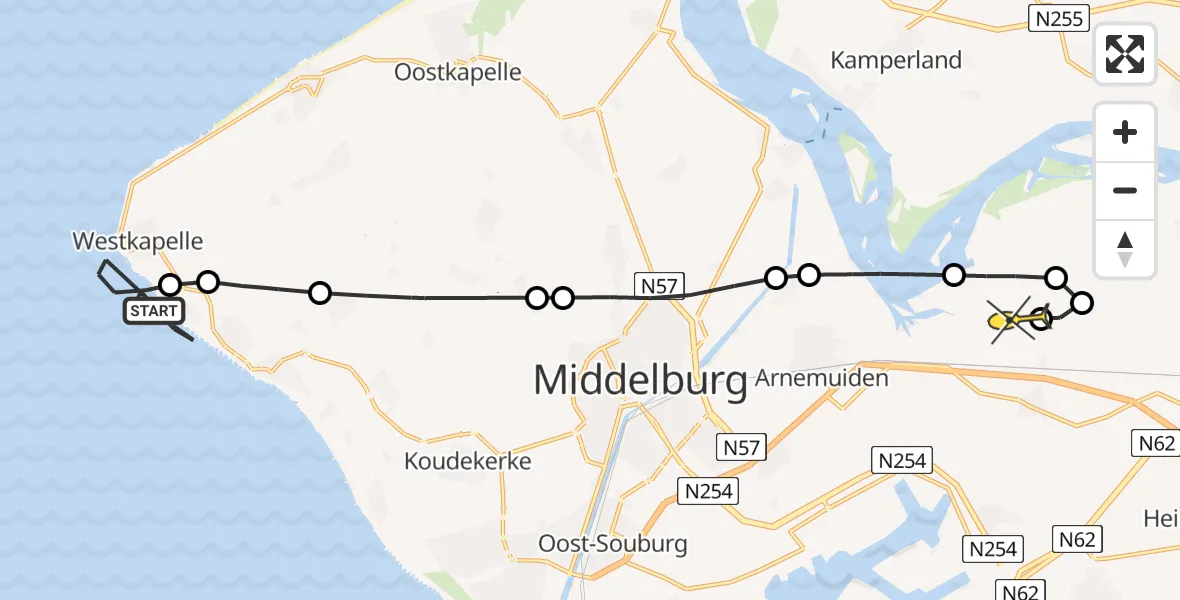Routekaart van de vlucht: Kustwachthelikopter naar Vliegveld Midden-Zeeland, Strand Westkapelle