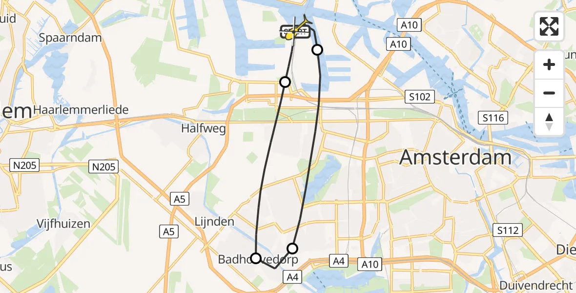 Routekaart van de vlucht: Lifeliner 1 naar Amsterdam Heliport, Nieuw-Zeelandweg