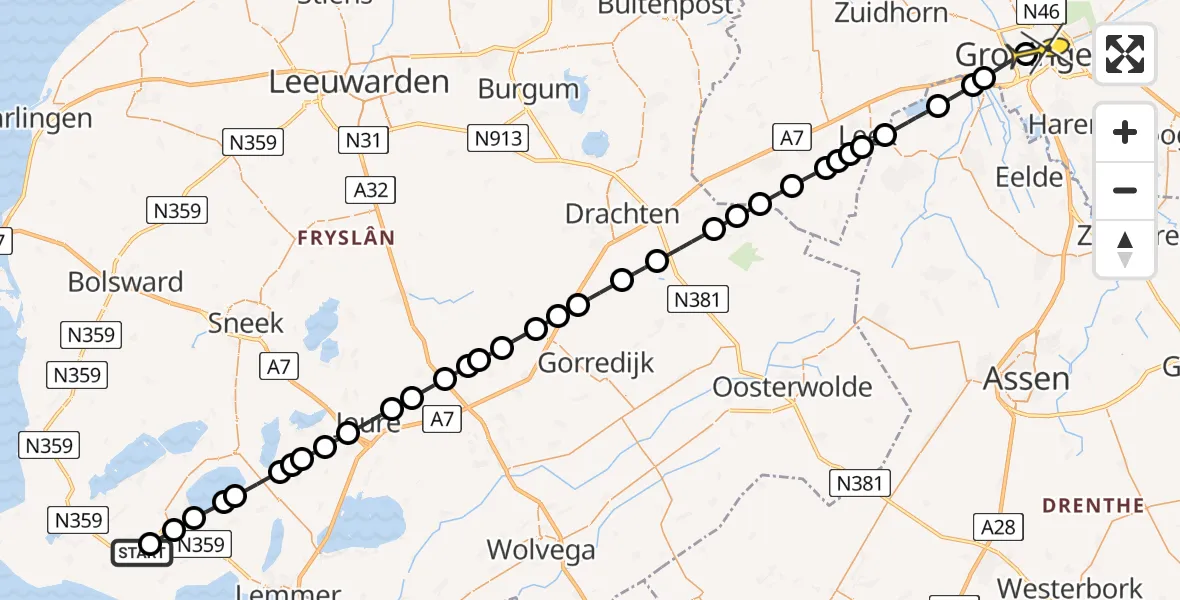 Routekaart van de vlucht: Lifeliner 4 naar Universitair Medisch Centrum Groningen, Lutswâl
