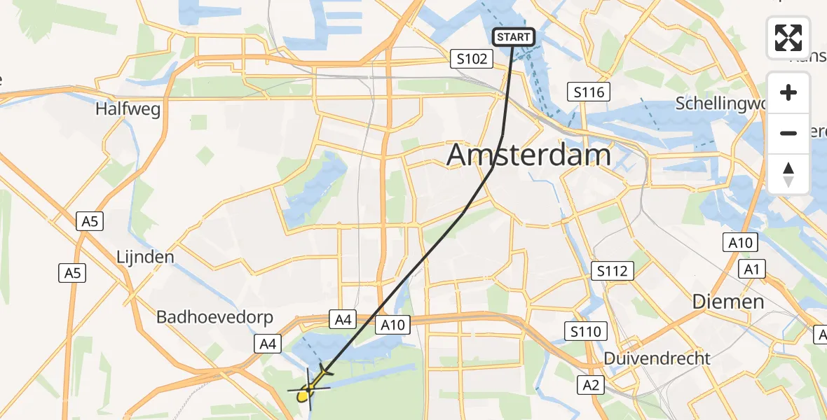 Routekaart van de vlucht: Politiehelikopter naar Badhoevedorp, Egelantiersstraat