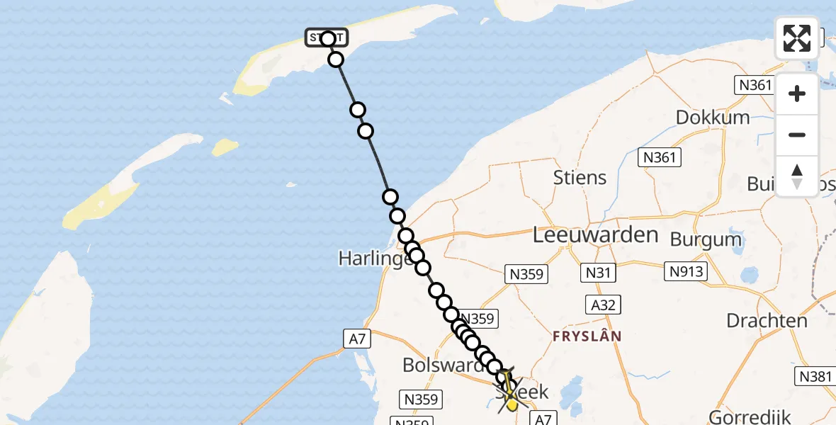 Routekaart van de vlucht: Ambulancehelikopter naar Sneek, Turfdôbe