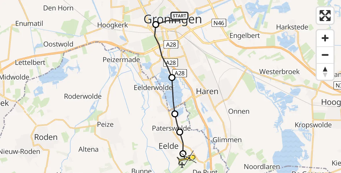 Routekaart van de vlucht: Lifeliner 4 naar Groningen Airport Eelde, Grote Kromme Elleboog