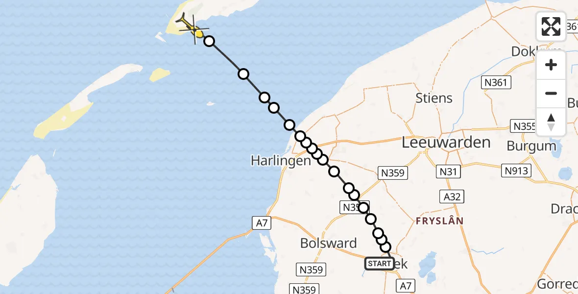 Routekaart van de vlucht: Ambulanceheli naar West-Terschelling, Pripperstraat