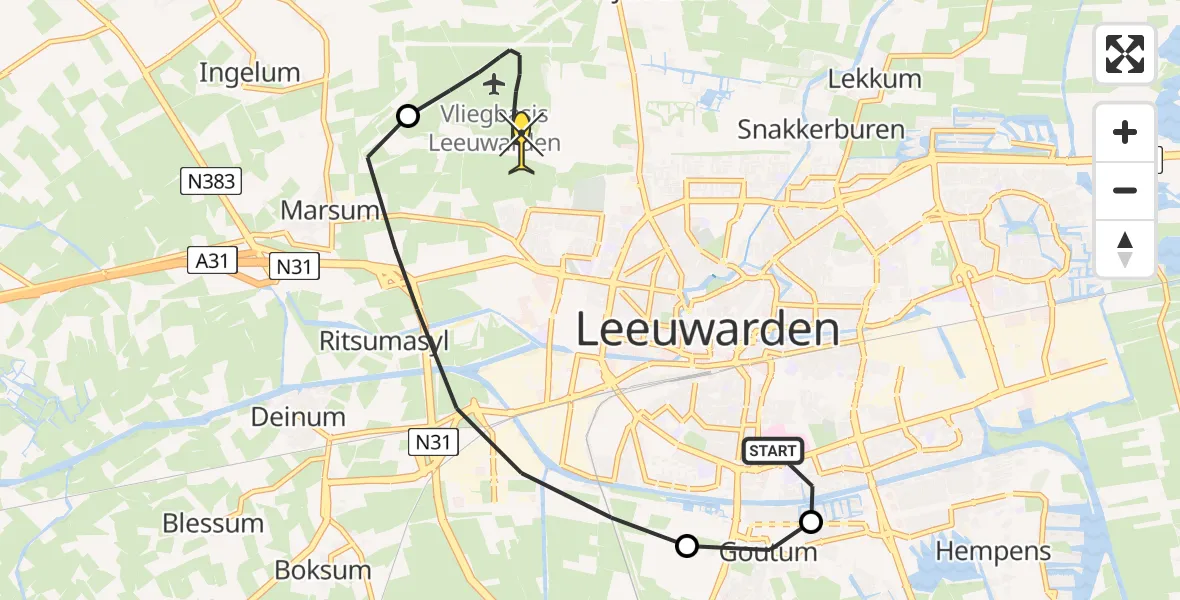 Routekaart van de vlucht: Ambulanceheli naar Vliegbasis Leeuwarden, It Blauwe Slot