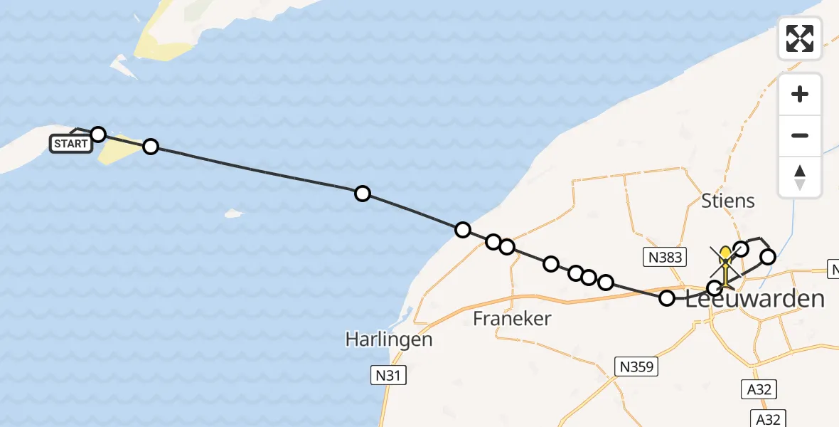 Routekaart van de vlucht: Ambulancehelikopter naar Vliegbasis Leeuwarden, Witte Lid