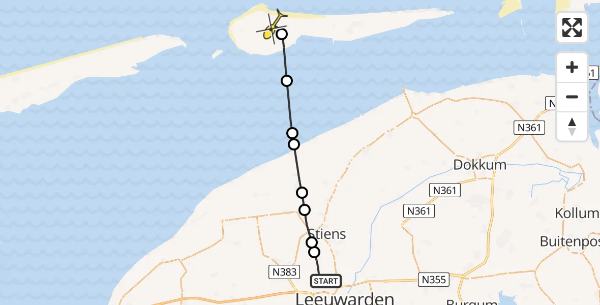 Routekaart van de vlucht: Ambulanceheli naar Ameland Airport Ballum, Keegsdijkje