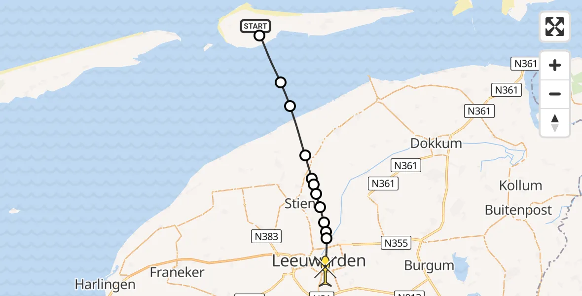 Routekaart van de vlucht: Ambulanceheli naar Leeuwarden, Jelmeraweg