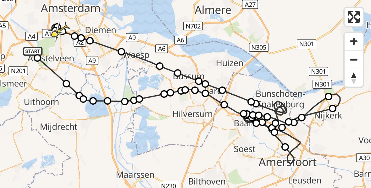 Routekaart van de vlucht: Politieheli naar VU Medisch Centrum Amsterdam, Thermiekstraat
