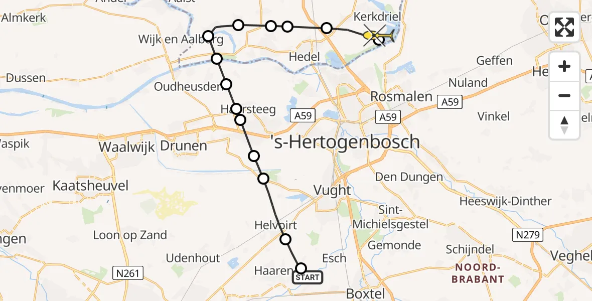 Routekaart van de vlucht: Politiehelikopter naar Hoenzadriel, Heesakker