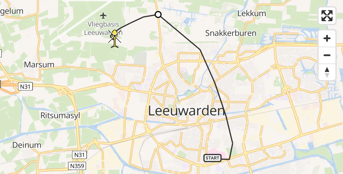 Routekaart van de vlucht: Ambulancehelikopter naar Vliegbasis Leeuwarden, Huizum-Dorp