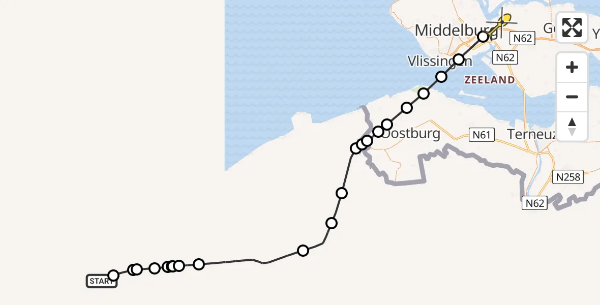 Routekaart van de vlucht: Kustwachthelikopter naar Vliegveld Midden-Zeeland, Noord Kraaijertsedijk