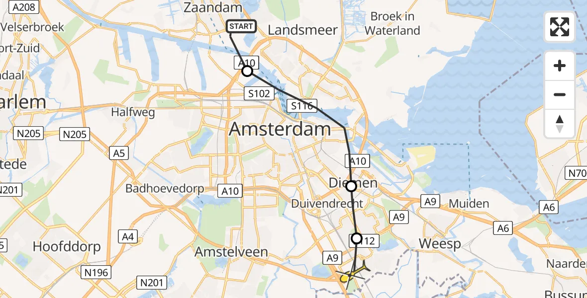 Routekaart van de vlucht: Lifeliner 1 naar Academisch Medisch Centrum (AMC), Vredeweg