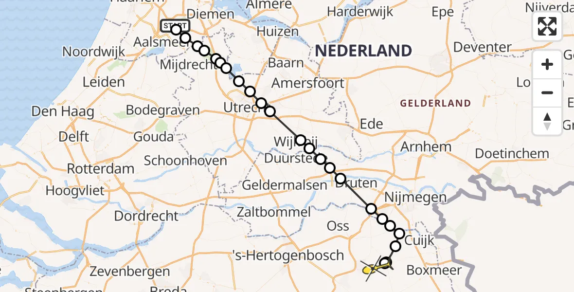 Vluchtroute Politiehelikopter van Schiphol naar Vliegbasis Volkel