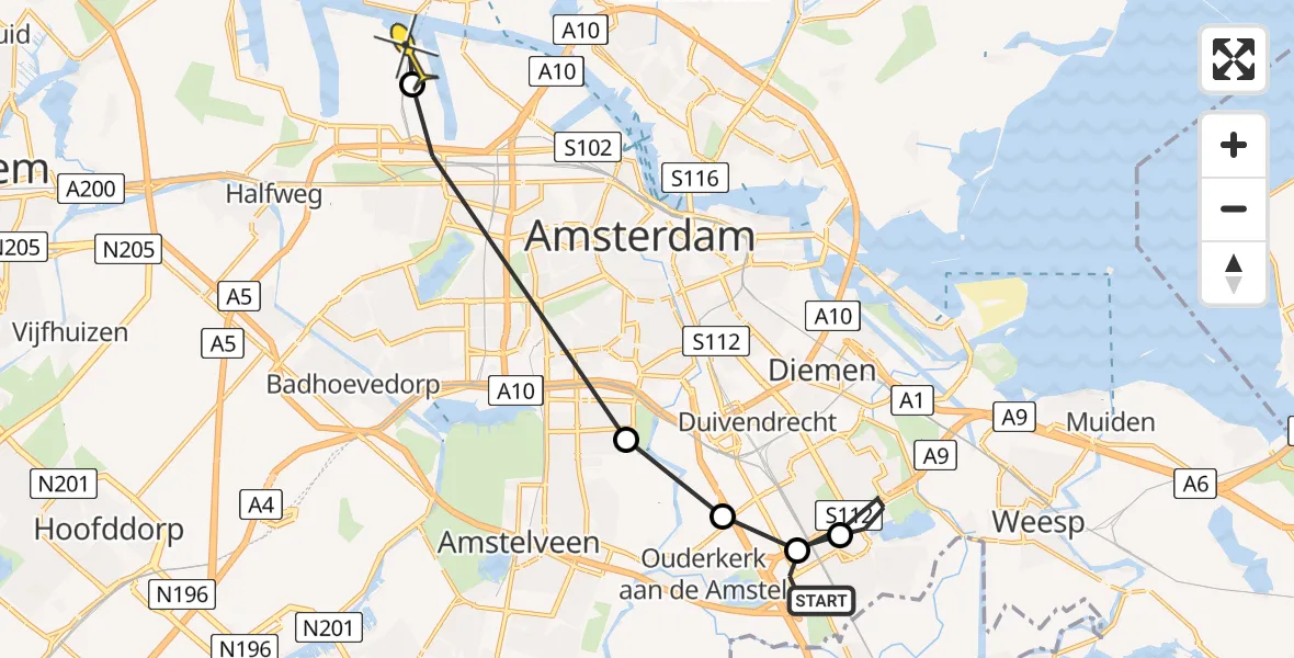 Routekaart van de vlucht: Lifeliner 1 naar Amsterdam Heliport, Schurenbergweg