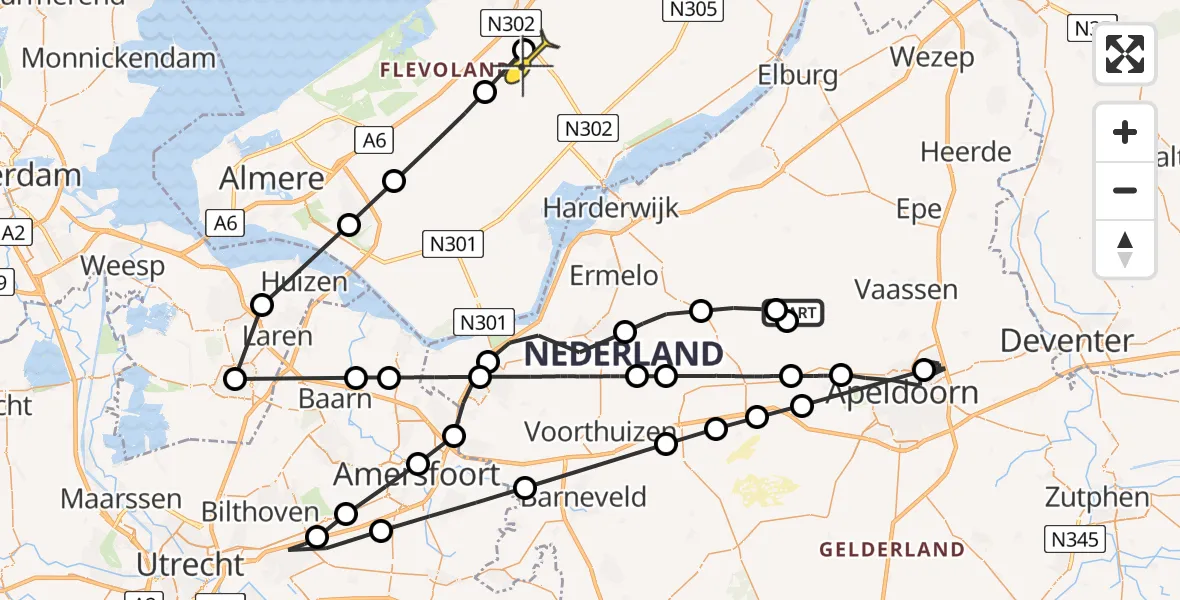 Routekaart van de vlucht: Politiehelikopter naar Lelystad Airport, De Hoge Duvel