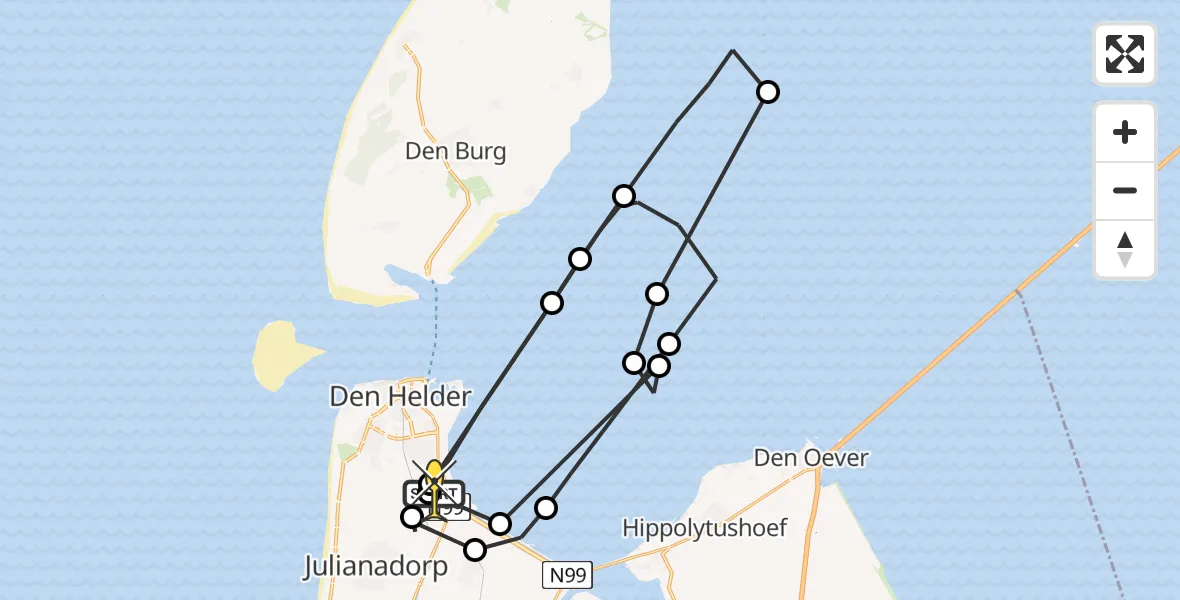 Routekaart van de vlucht: Kustwachthelikopter naar Vliegveld De Kooy, Maria's hoeve