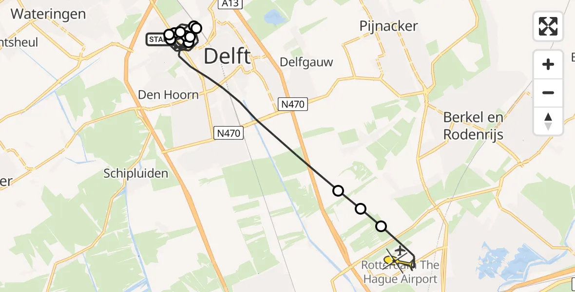 Routekaart van de vlucht: Politieheli naar Rotterdam The Hague Airport, Van der Haertstraat