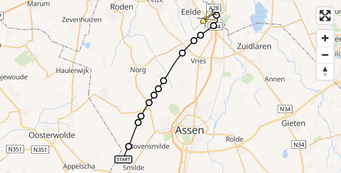 Routekaart van de vlucht: Lifeliner 4 naar Groningen Airport Eelde, Grietmanswijk