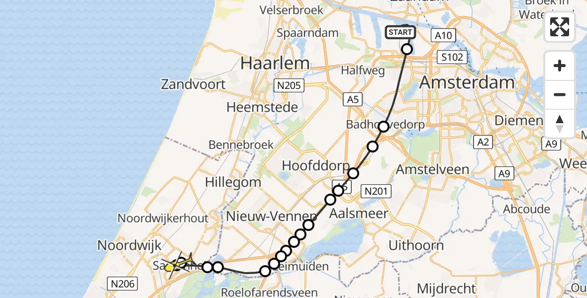 Routekaart van de vlucht: Lifeliner 1 naar Sassenheim, Grote Tocht