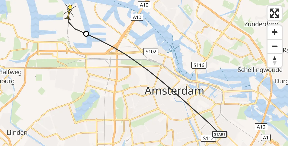 Routekaart van de vlucht: Lifeliner 1 naar Amsterdam Heliport, 's-Gravesandeplein