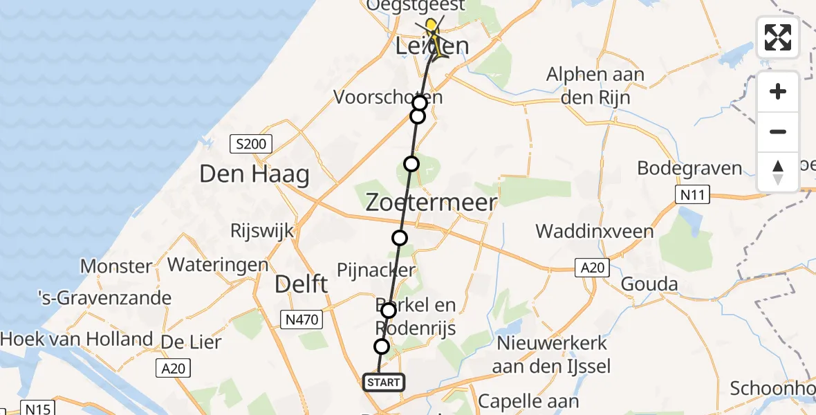 Routekaart van de vlucht: Lifeliner 2 naar Leiden, A16 Rotterdam