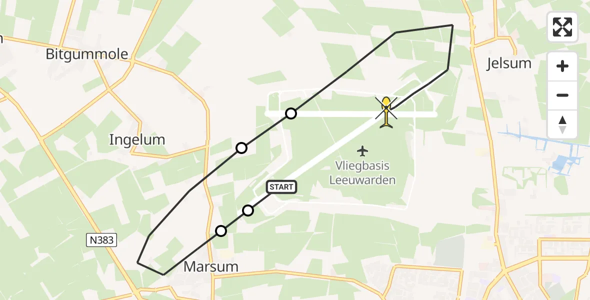 Routekaart van de vlucht: Ambulancehelikopter naar Vliegbasis Leeuwarden, Tramstrjitte