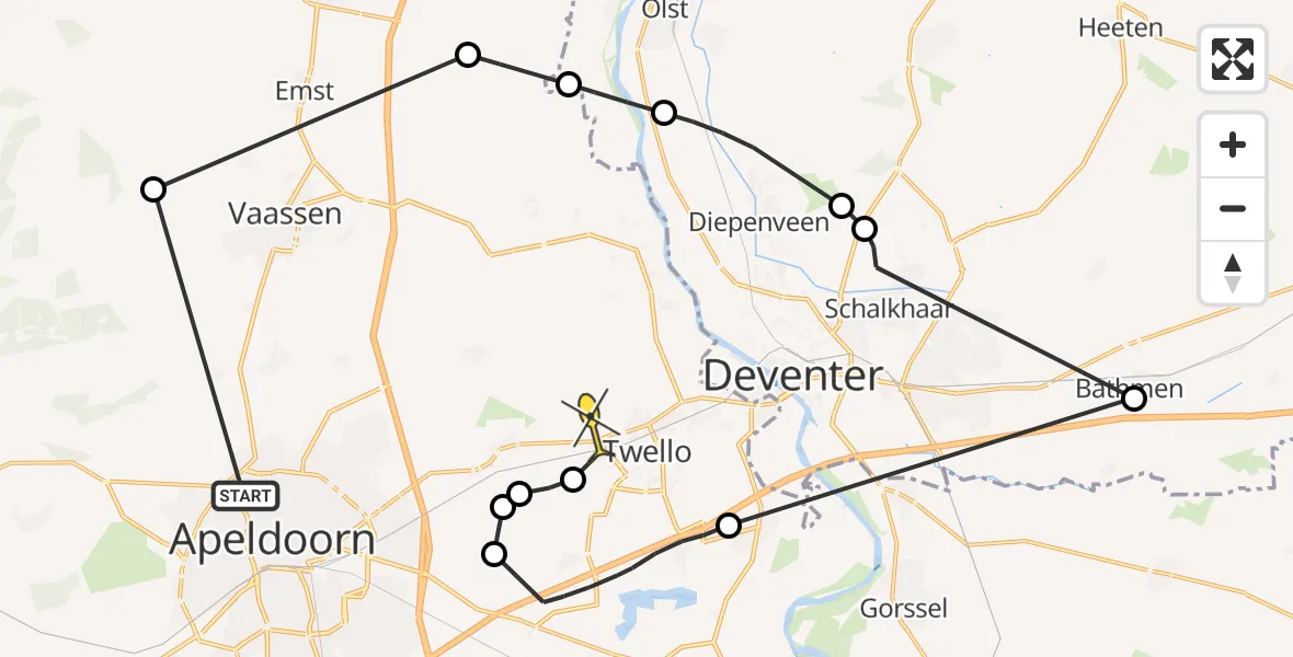 Routekaart van de vlucht: Politieheli naar Twello, Cannenburgherweg