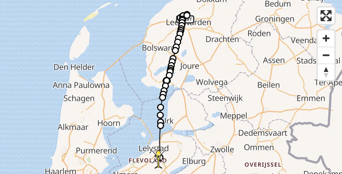 Routekaart van de vlucht: Ambulancehelikopter naar Lelystad Airport, Keegsdijkje