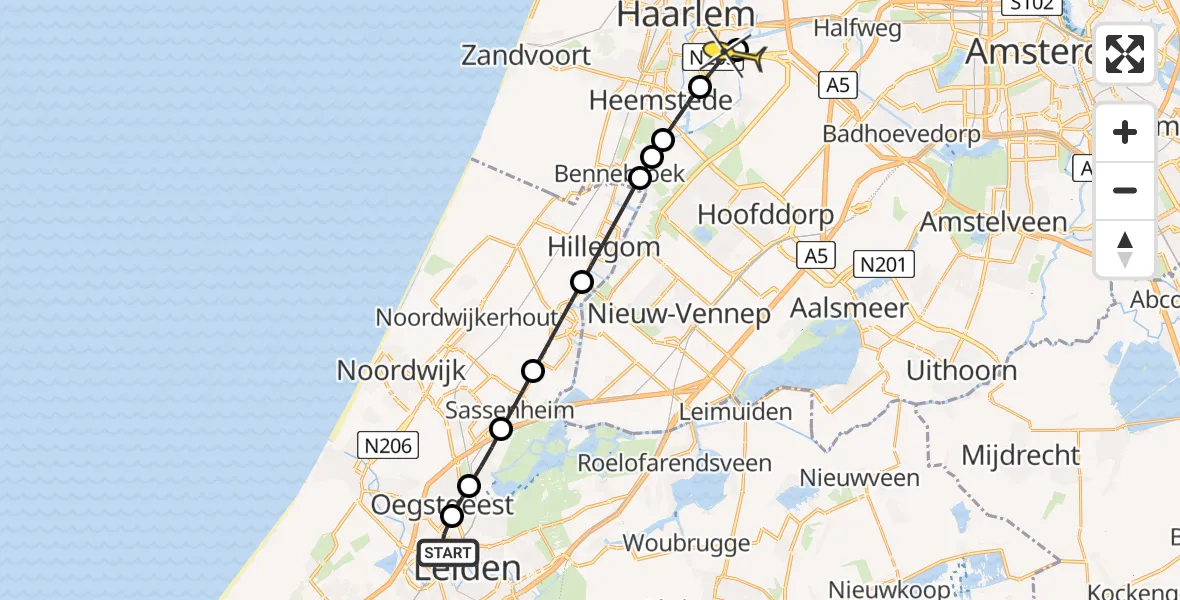 Routekaart van de vlucht: Lifeliner 1 naar Vijfhuizen, Rijnsburgerweg