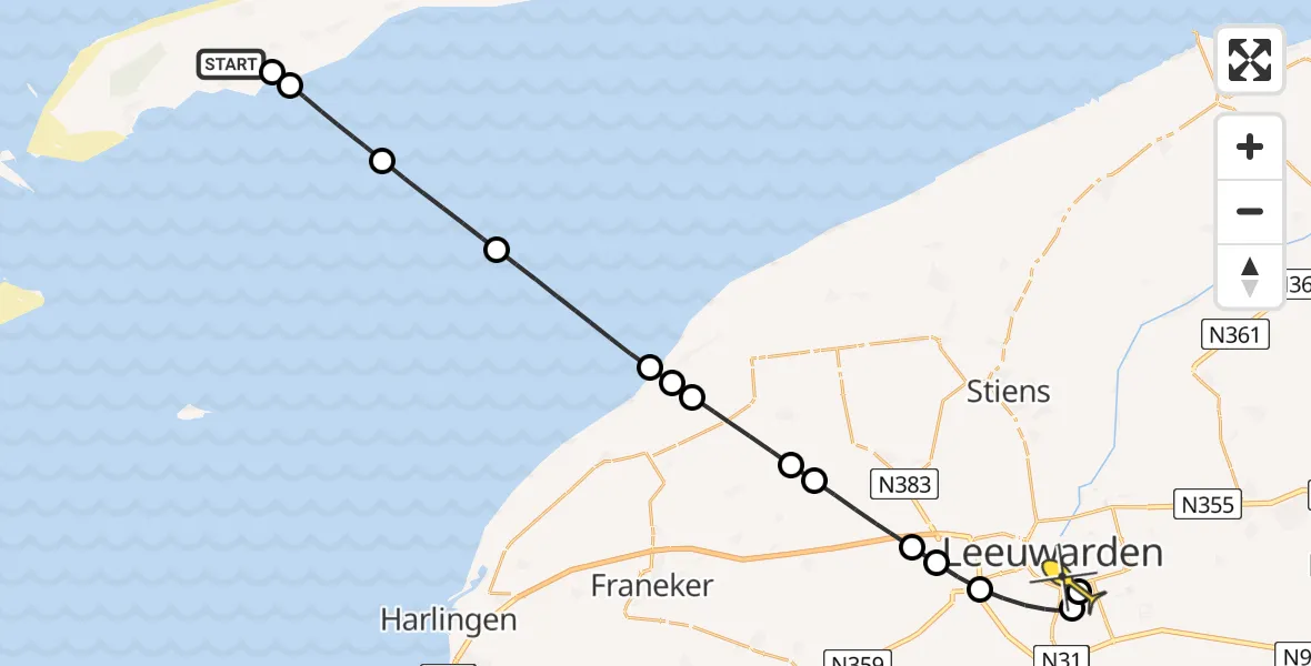 Routekaart van de vlucht: Ambulancehelikopter naar Leeuwarden, Landerumer kooi