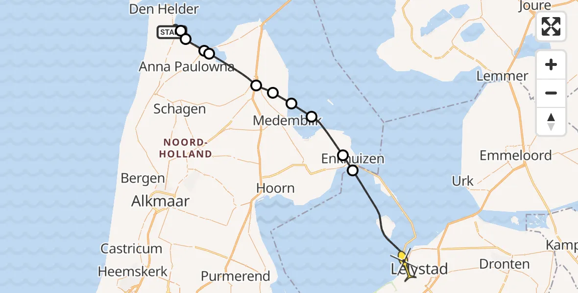 Routekaart van de vlucht: Kustwachthelikopter naar Lelystad, Balgzanddijk
