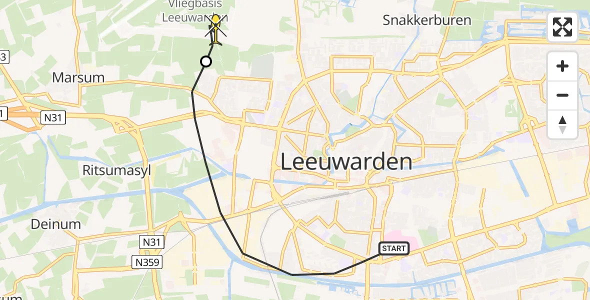 Routekaart van de vlucht: Ambulanceheli naar Vliegbasis Leeuwarden, Nijlânsdyk