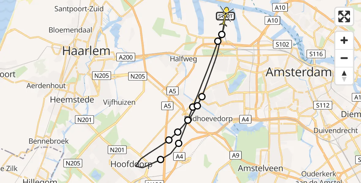 Routekaart van de vlucht: Lifeliner 1 naar Amsterdam Heliport, Hoofdweg